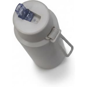 A drink bottle in light grey with a blue spout and a handle, featuring a logo on the side.