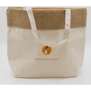 A jute and cotton cooler bag in natural and beige colours, featuring a logo on the front.
