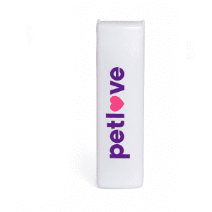 A white lint remover with a logo featuring the words "petlove" in purple and a heart icon.