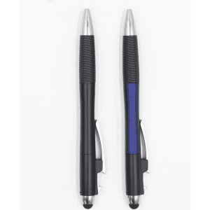 Two retractable pens in black and blue with silver accents and textured grip, featuring a logo.