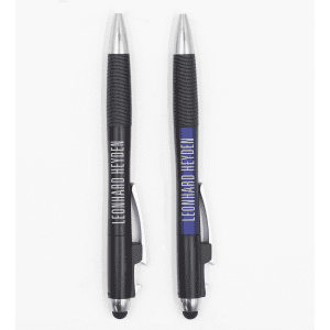 A pair of black pens with silver accents and branding, featuring rubber grips and stylus ends.