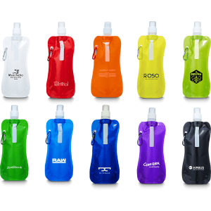 A collection of colourful water pouches in various shades, including red, yellow, green, and black, each with a logo.
