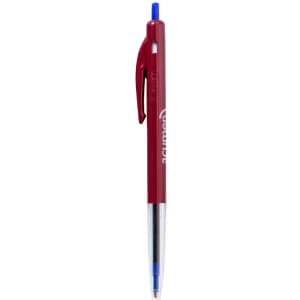 A red plastic pen with a blue writing tip and a visible logo on the barrel.