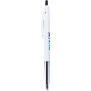 A white plastic pen with a black ink cartridge and a clip, featuring a logo on the side.