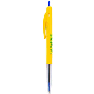 A yellow plastic pen with a blue ink refill and a clip. It features a logo on its body.