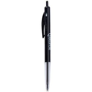 A black plastic pen with a silver clip, featuring a logo on the barrel.