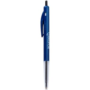 A plastic pen with a blue barrel, black ink, and a clear grip section, featuring a logo.