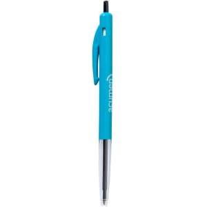 A turquoise plastic pen with a transparent barrel and a clip, featuring a logo on its side.