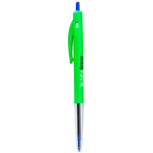 A green plastic pen with a blue ink tip and a clip. The pen features a logo.