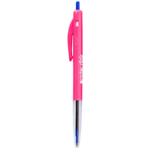 A pink plastic pen with a blue ink tip and a clip, featuring a branding logo.