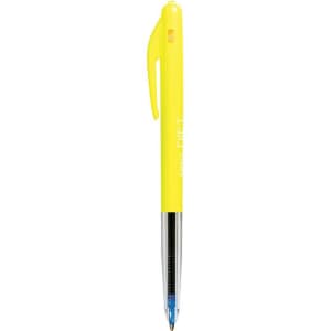 A bright yellow Clic Pen with a transparent barrel and a blue ink refill, featuring a logo.