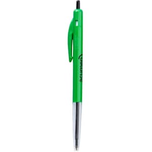 A green plastic pen with a retractable mechanism and a clip, featuring a logo on the barrel.