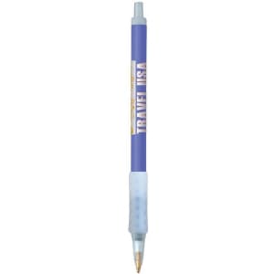 A blue plastic pen with a textured grip and a clip. It features a logo and has a smooth writing tip.