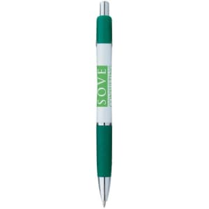 A green and white promotional pen with a branding logo on the barrel.