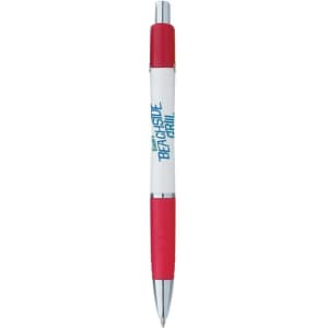 A custom pen in white with red accents, featuring a branding logo.