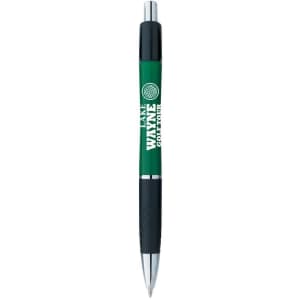 A green and black pen featuring a logo, designed for writing.