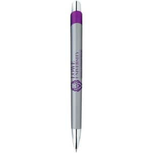 A metal pen in silver and purple, featuring a branding logo on the barrel.