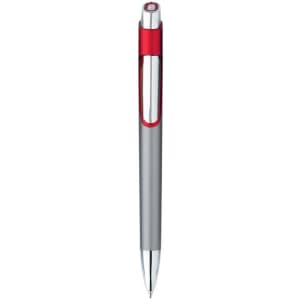A metal pen with a silver body and red accents, featuring a sleek design and a logo.