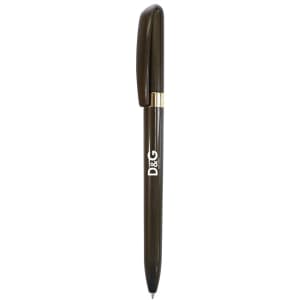 A green metal pen with a gold trim and a logo on the barrel.
