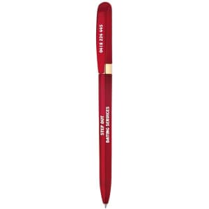 A red metal pen with a sleek design and a logo on the body.