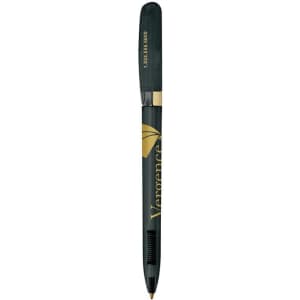 A dark green metal pen with a gold clip and branding.
