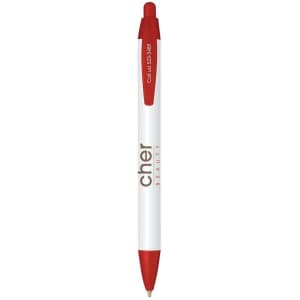 A white pen with a red grip and tip, featuring a logo and sleek design.