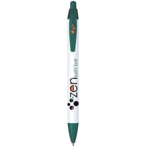A widebody custom pen featuring a white barrel with green accents and a logo.