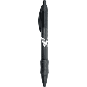 A black plastic pen with a textured grip and a logo on the barrel.