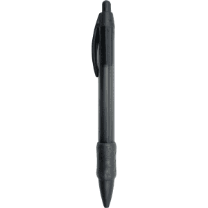 A black plastic pen with a textured grip and a clip, featuring a transparent body and a rounded tip.