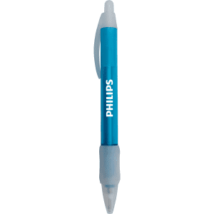 A blue plastic pen with a transparent body and a grey grip, featuring a logo.