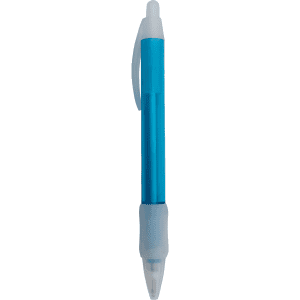 A blue plastic pen with a clear grip, featuring a click mechanism and an included logo.