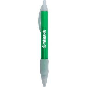 A green plastic pen with a white grip and a logo. It features a clear barrel.