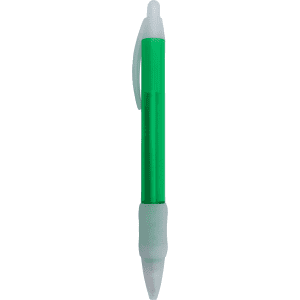 A green plastic pen with a white tip and grip, featuring a logo on the barrel.