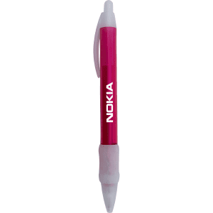 A pink and white plastic pen with a logo, featuring a wide body design for comfortable grip.