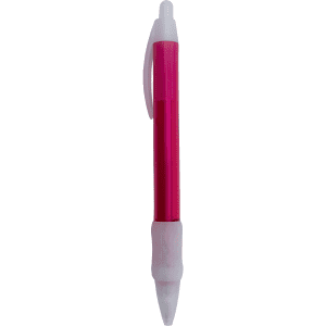 A plastic pen with a pink barrel and white details, featuring a clip and a white tip. It has a logo.