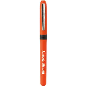 An orange pen with a black grip, featuring a silver clip and a logo.