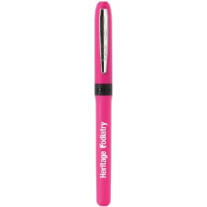 A pink pen with a silver clip and a black band, featuring a brand logo.
