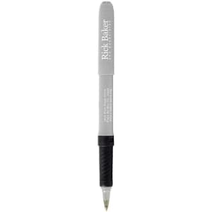 A grey pen with a textured black grip; features branding on the barrel.