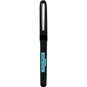 A black pen with a textured grip and a silver nib, featuring branding along the body.