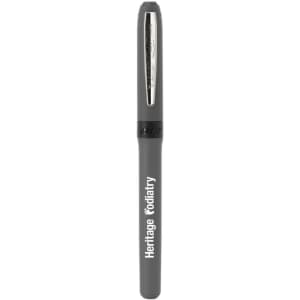 A grey pen with a sleek design and a silver tip, featuring a branding logo.