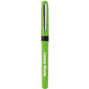 A green pen with a sleek design, featuring a metallic clip and a logo on the barrel.