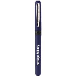 A navy blue pen with a silver clip, featuring a branding logo on the barrel.