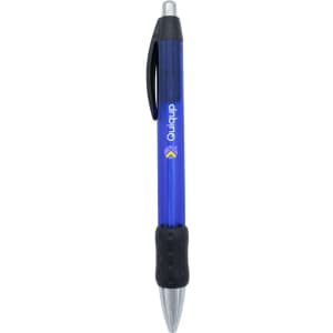 A blue metal pen with a chrome grip and a black rubberised section, featuring a logo.