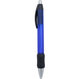 A blue metal grip pen with a chrome tip and a black rubber grip. It features a branding logo.