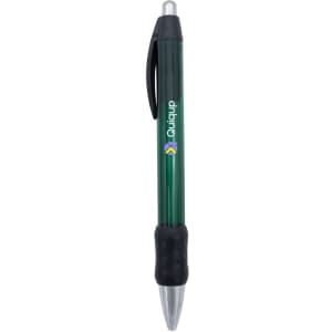 A metal pen with a green body, black grip, and silver tip, featuring a logo on the side.