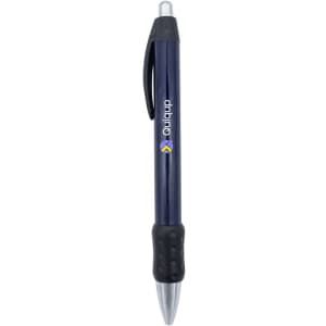 A metal pen featuring a chromed tip and navy blue body with a textured black grip, alongside a logo.