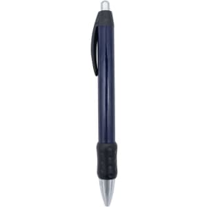A metal pen with a glossy navy blue barrel, chrome accents, and a textured black grip. It features a clip and branding.