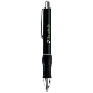 A black steel retractable pen with a smooth grip and a logo on the barrel.