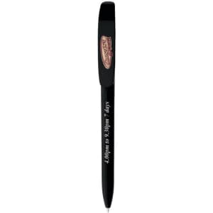 A black Bic Super Clip pen with a clip and branding on the side.