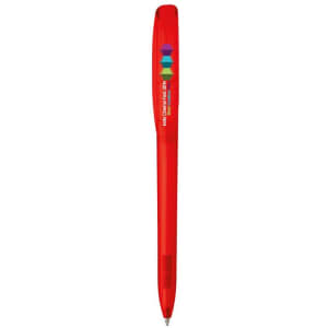 A red plastic pen with a clip and a logo on the side. The pen features a sleek, simple design.